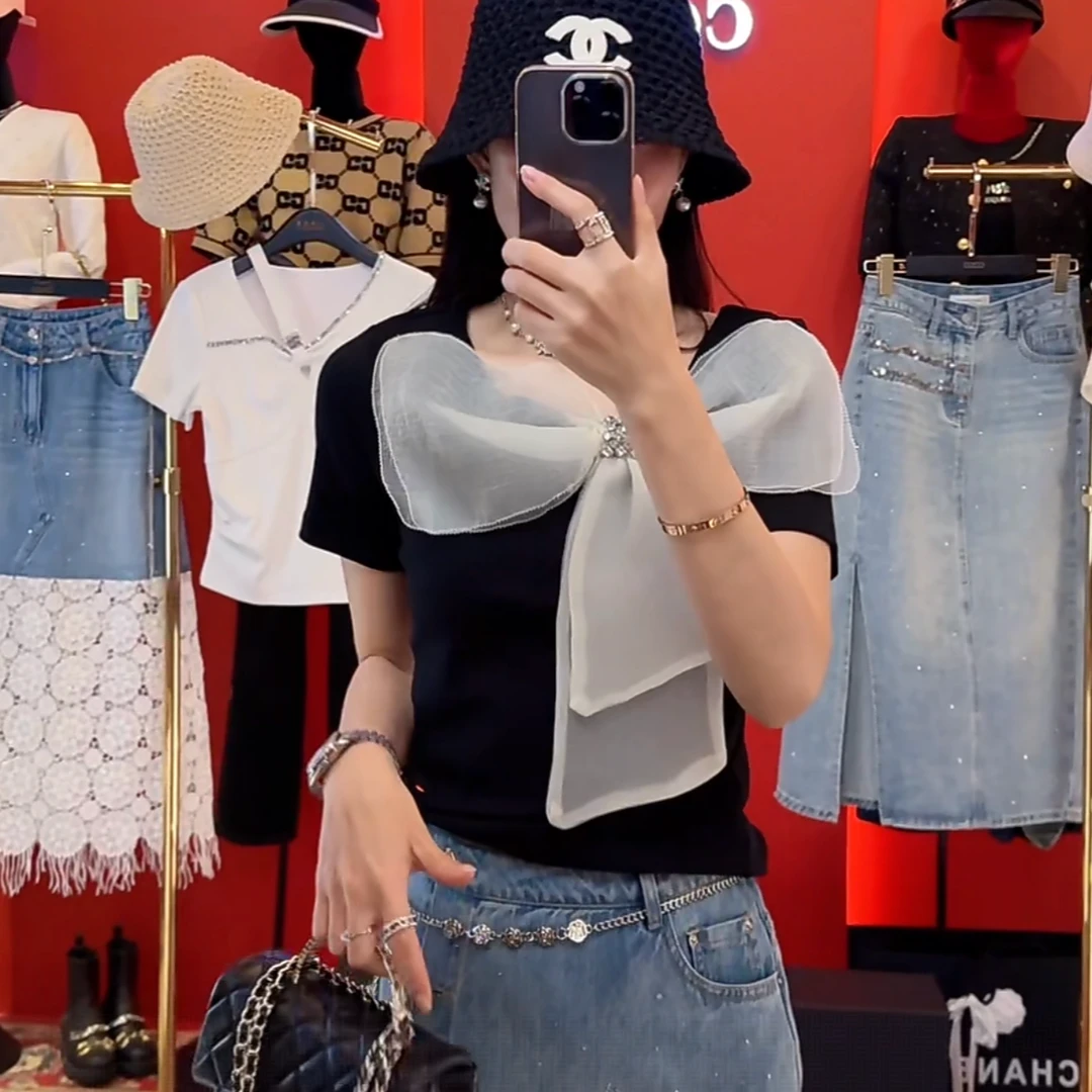 轻奢重工镶钻立体蝴蝶结短袖T恤女2025夏季新款时尚气质减龄上衣