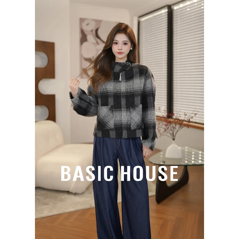 Basic House/百家好秋季新款休闲格纹显瘦短毛呢外套B1194B56782
