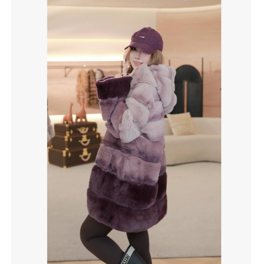 QIXIAOYAO.皮草青紫蓝兔皮毛一体皮草连帽外套#YTSDK24185