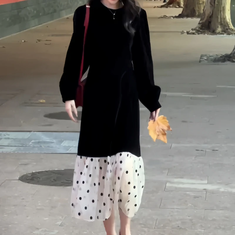 法式波点拼接长袖丝绒连衣裙气质休闲宽松显瘦长裙子秋季时尚百搭