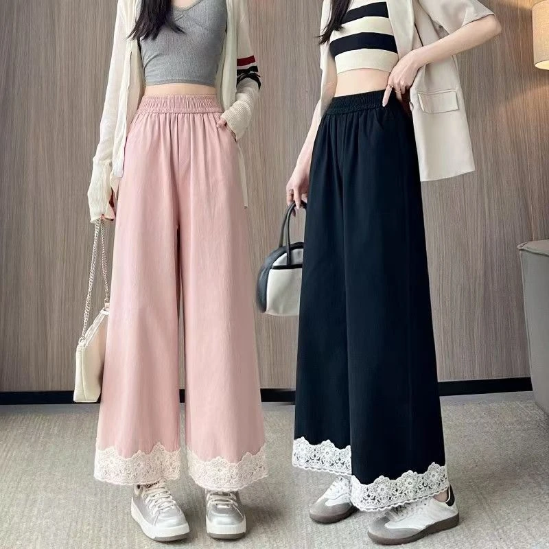 2025洗水蕾丝花边阔腿裤女春夏季新爆款森系甜美垂感软糯九分休闲