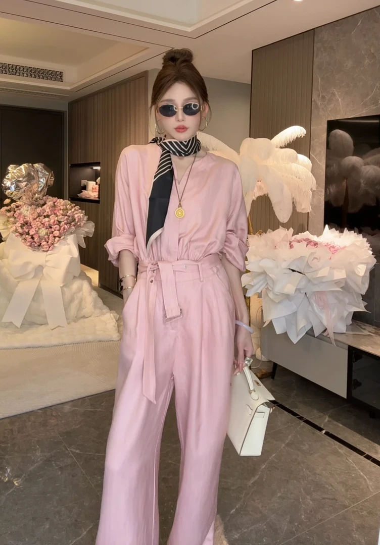 春季新款25时尚亚麻连体衣裤女神范V领收腰显瘦阔腿裤女小众设计