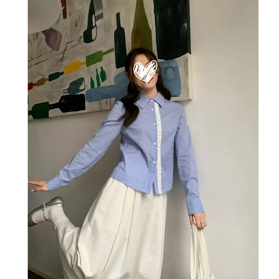 高级感法式甜妹花边蓝格子长袖衬衫女小众设计感显瘦短款衬衣春