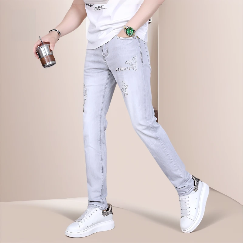 高端春夏新款牛仔裤男士2025潮流欧货修身小脚裤时尚休闲