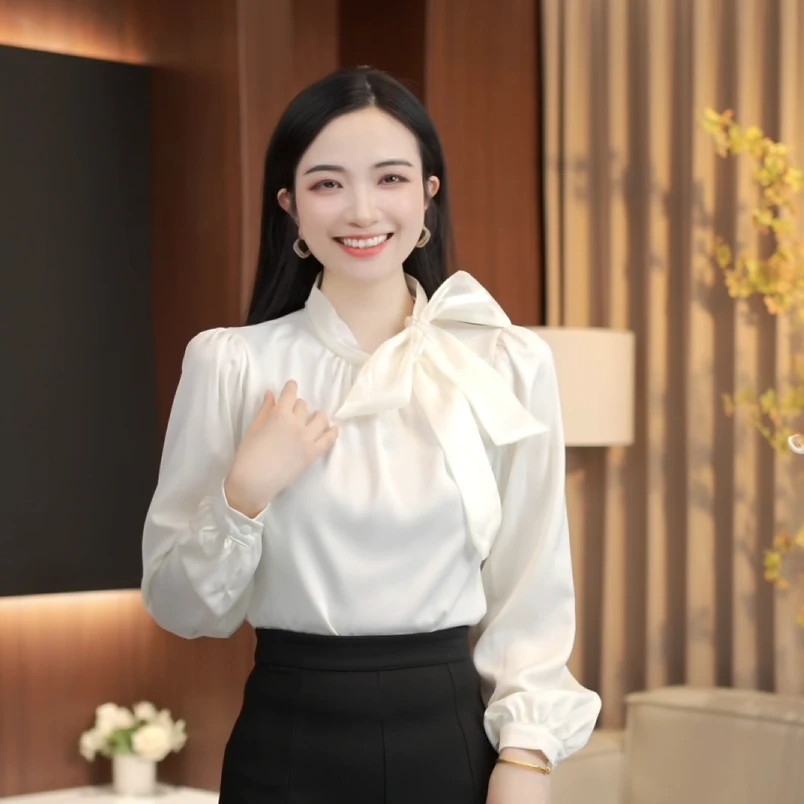 法式蝴蝶结飘带长袖缎面衬衫女春季2025新款女士洋气小衫别致上衣