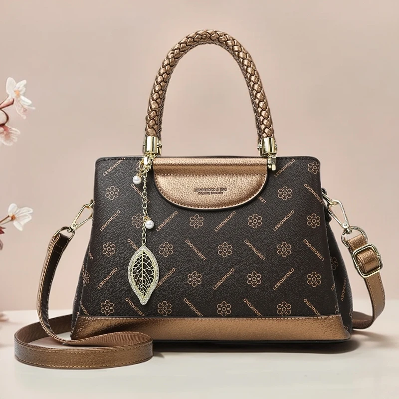 手提包经典印花中年妈妈包时尚撞色托特包高级感大容量通勤包包女