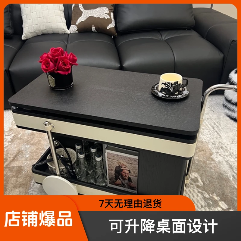 【锦禾】设计师款实木马鞍皮升降边几可移动推车沙发边柜侧边柜