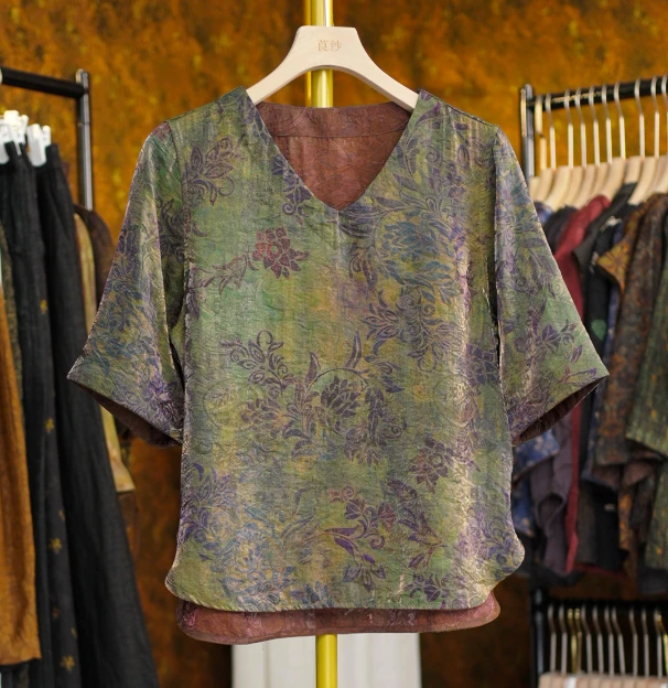 【半庭】国风复古新中式气质百搭新款V领上衣女598