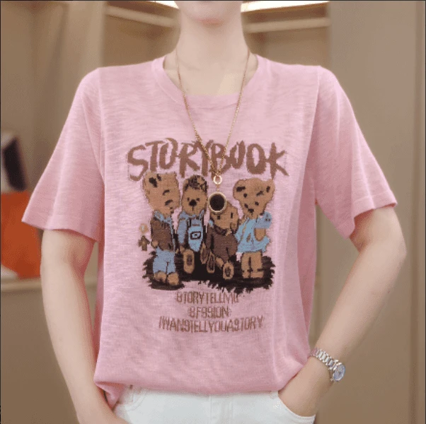 2025卡通小熊涂鸦百搭宽松显瘦基础款短袖上衣T恤女