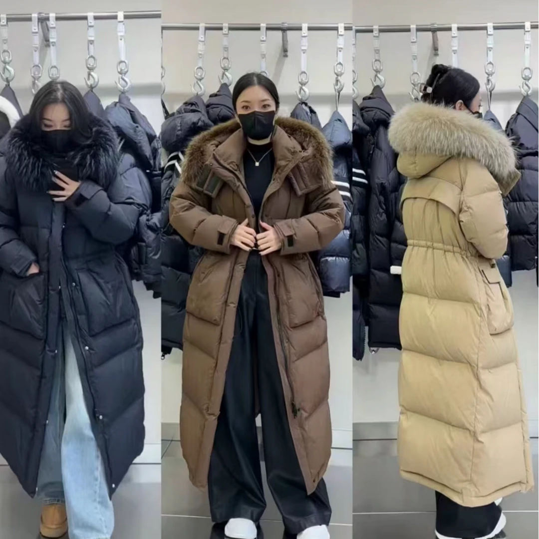 8818大毛领拼接白鸭绒长款羽绒服女2024冬季新款韩版保暖厚外套