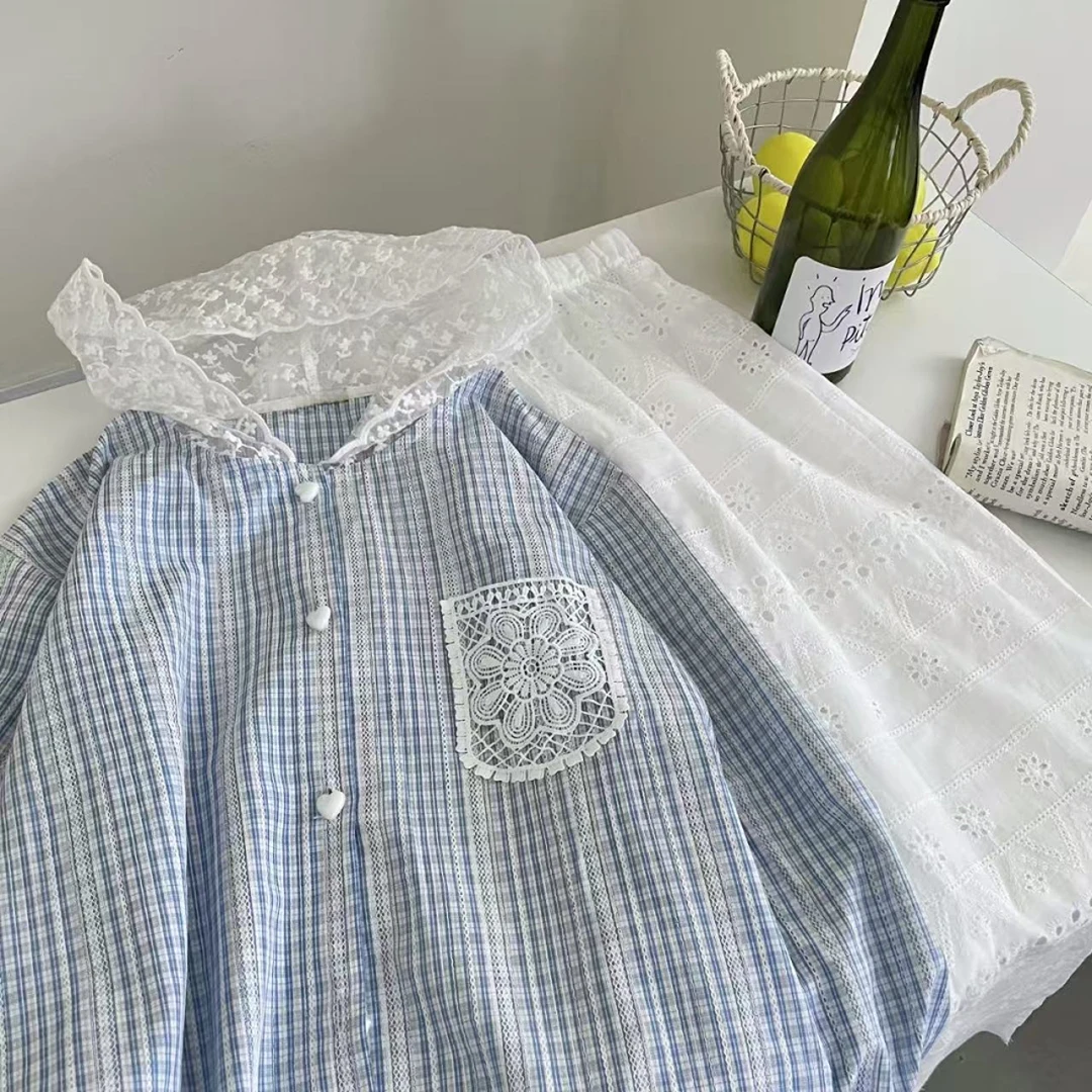 小雅姐姐  韩系清新慵懒风蕾丝连帽休闲长袖衬衫IO40