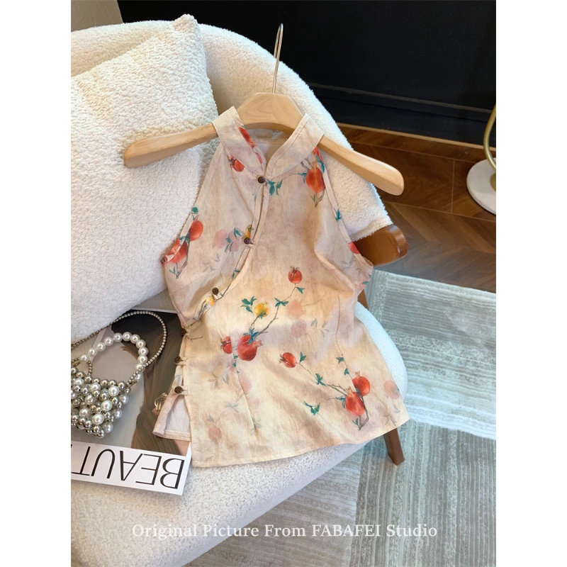 新中式国风碎花挂脖衬衫女夏季高级感盘扣气质背心无袖旗袍小上衣