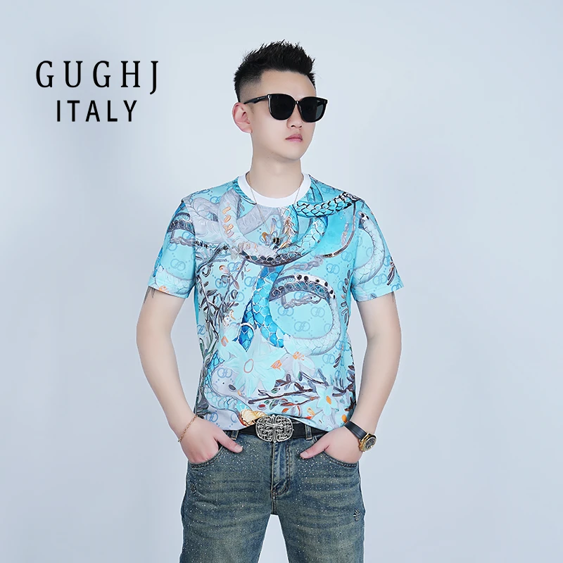 2025夏季潮牌重工数码印花圆领短袖T恤男潮流修身百搭帅气体恤薄