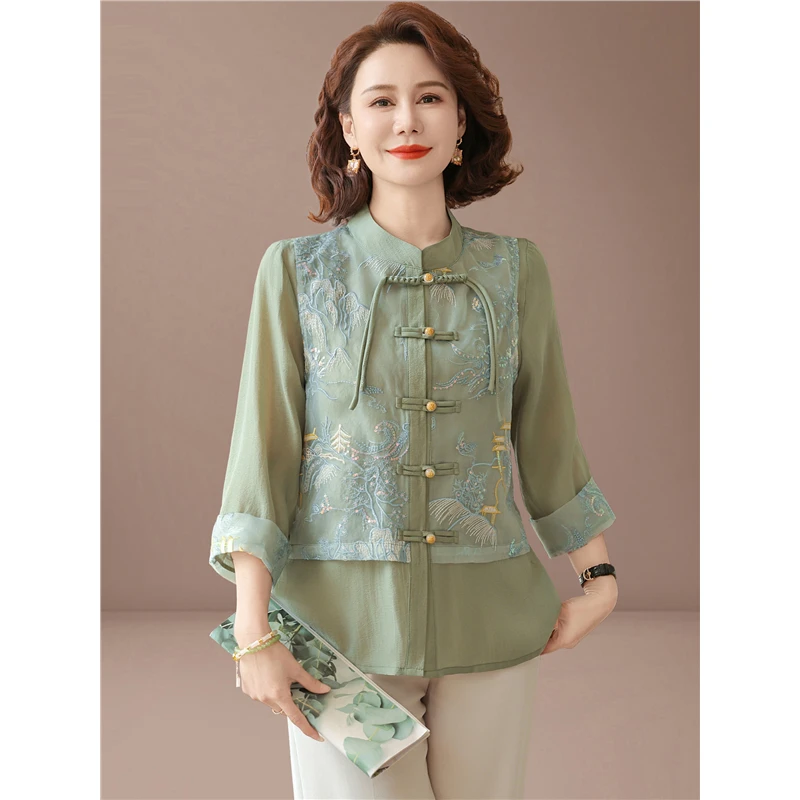 新中式妈妈春装中国风套装洋气衬衫中老年女夏季宽松唐装中袖小衫