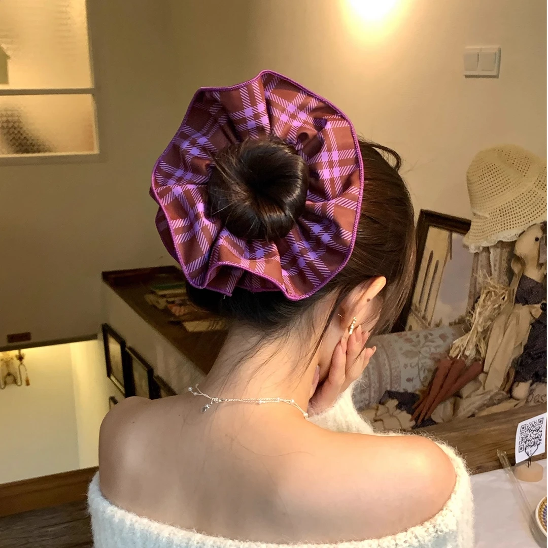 露思同款！可露丽风缎面格纹大肠发圈女高弹力花苞头绳高级感发饰