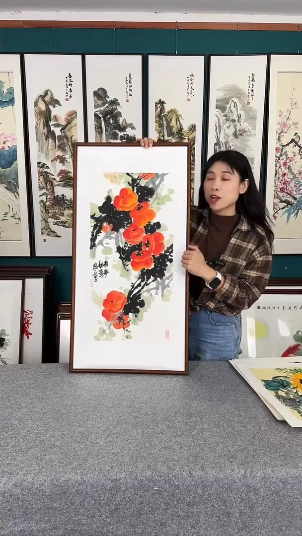 国画柿柿如意实木装裱45*90