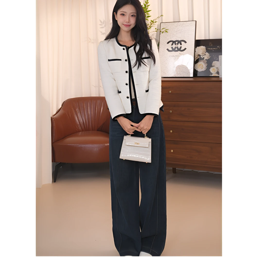 H206【朗】棉质春季新款白色复古气质小香风短款外套长袖女士上衣