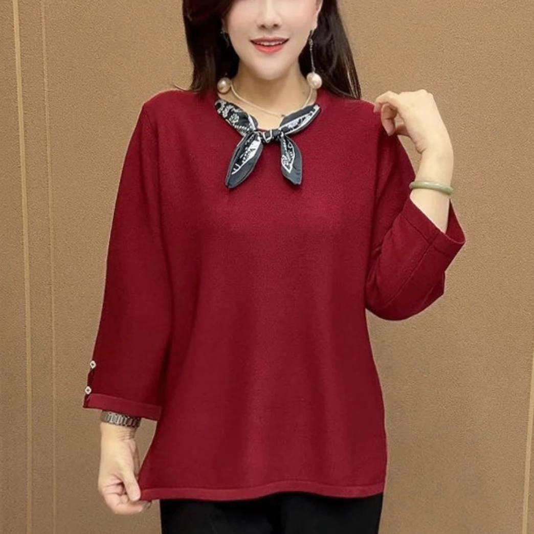 2025秋季新款蝴蝶结纯色时尚洋气减龄显瘦套头针织衫妈妈装上衣女