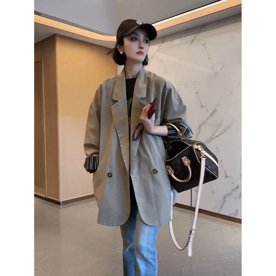 韩系百搭宽松中长款西装外套女欧洲站2025春季新款气质纯色上衣潮