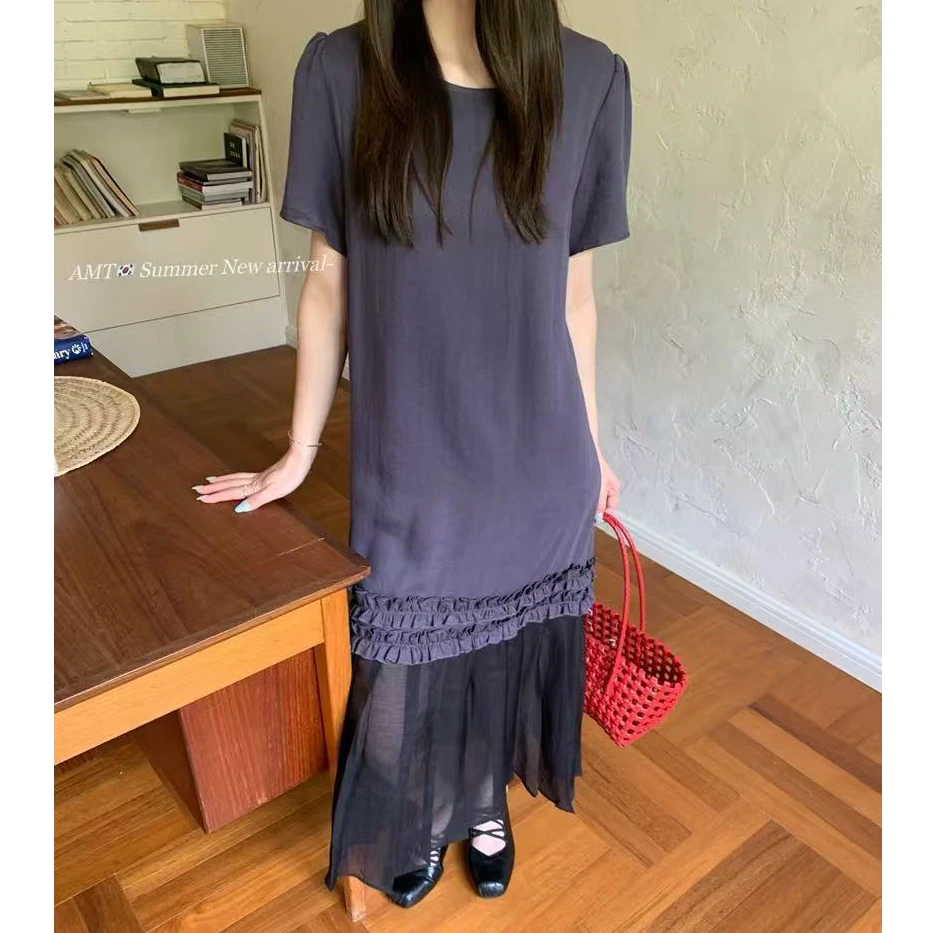 8189 圆领拼接中长裙高腰连衣裙休闲女装夏季裙子【韩各】