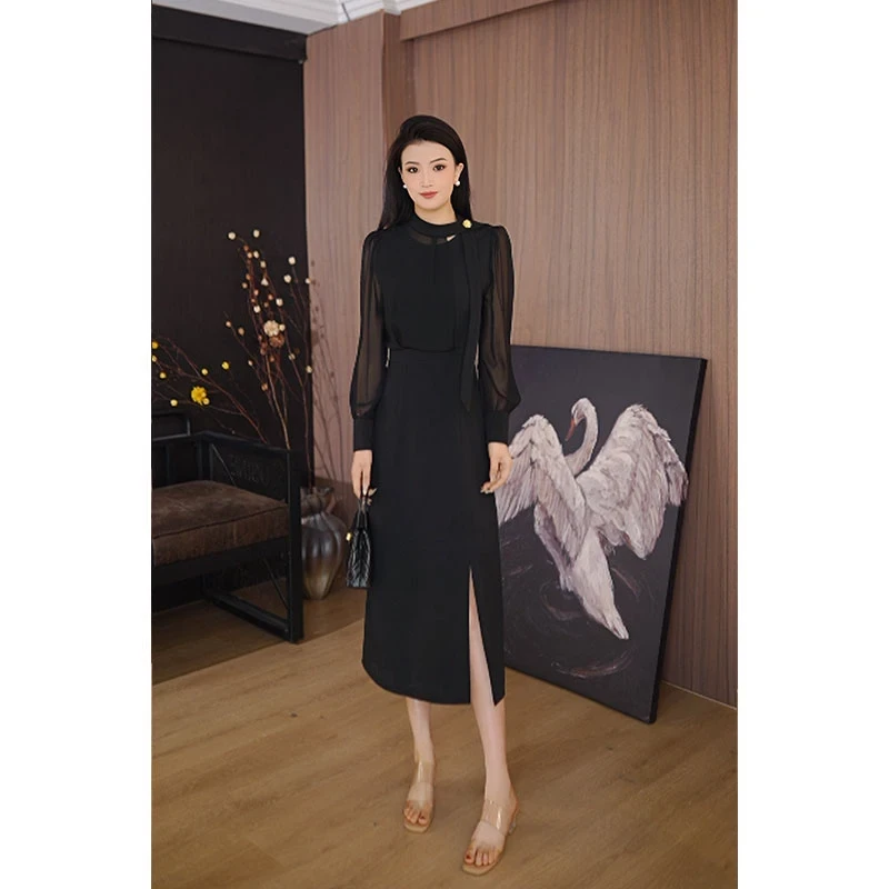 2025新款连衣裙春夏中长款长袖套头气质优雅知性淑女修身显瘦裙