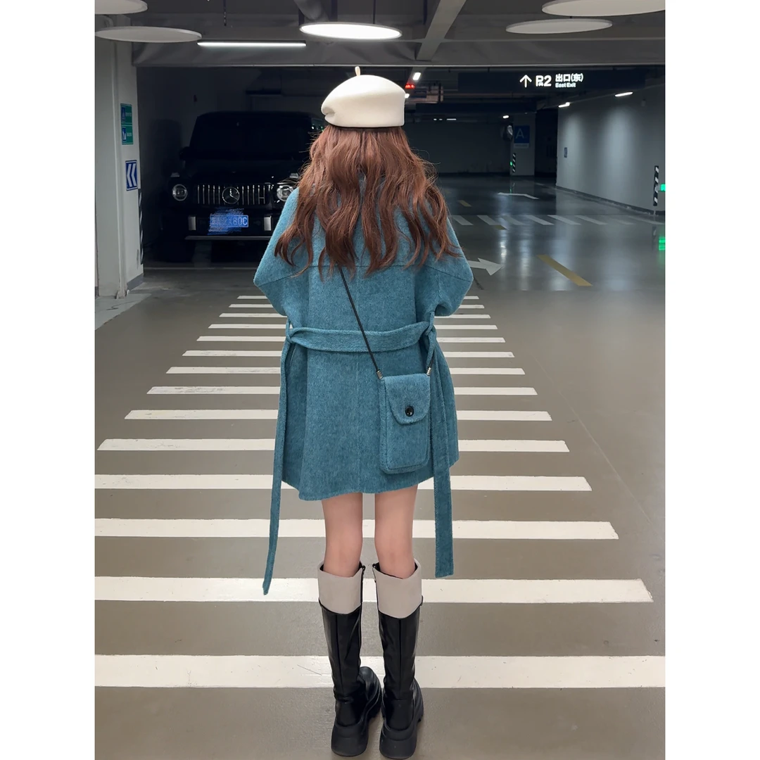 花【鹿鸣之喜】双面羊毛大衣女2025秋季新款时尚显瘦设计感毛呢外套