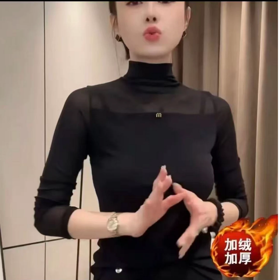 半高领长袖修身型街头风纯色打底常规镂空速干休闲风