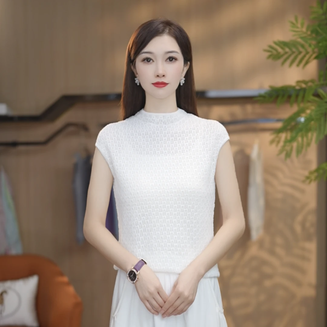 气质女士针织衫2025早秋亮丝纯色宽松显瘦休闲无袖打底衫1569221