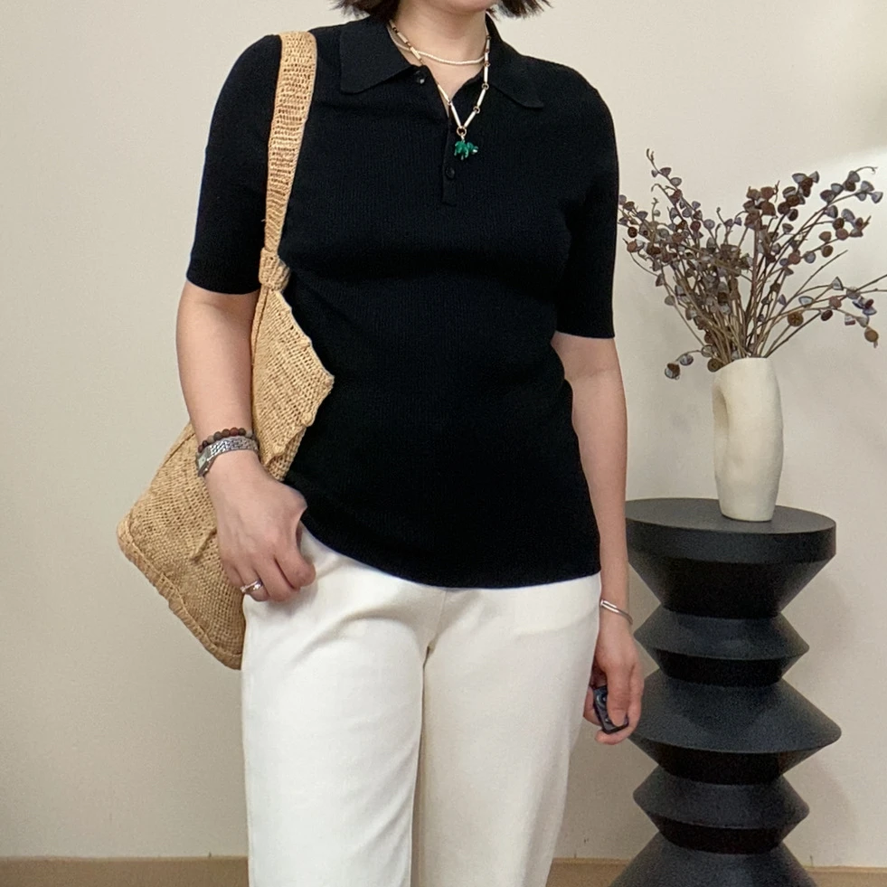KELV/可律 黑色桑蚕丝棉显瘦POLO领中袖针织上衣6110070