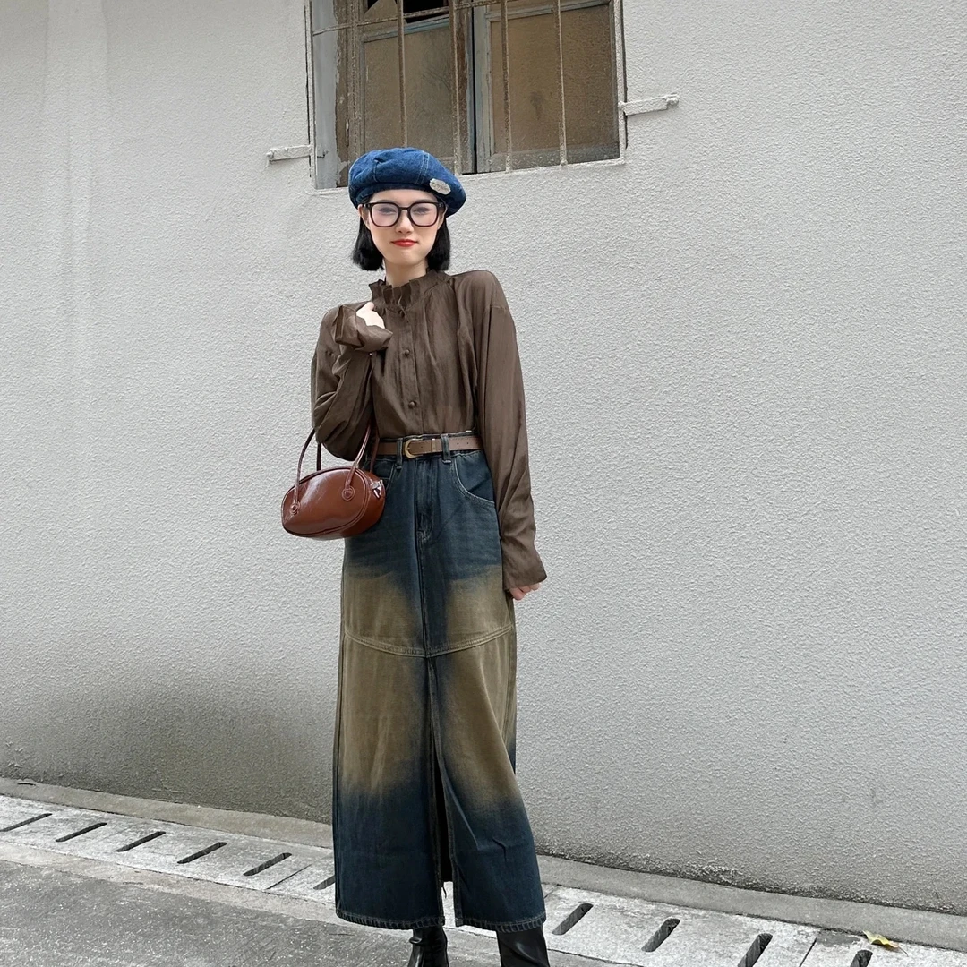 EGO-FCC014新款复古渐变色牛仔半身裙女高腰中长裙时髦个性街头风