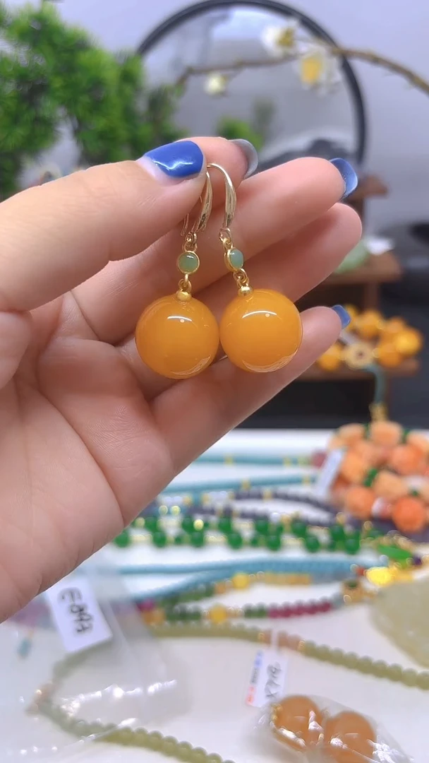 蜜蜡14K金镶嵌耳饰E893