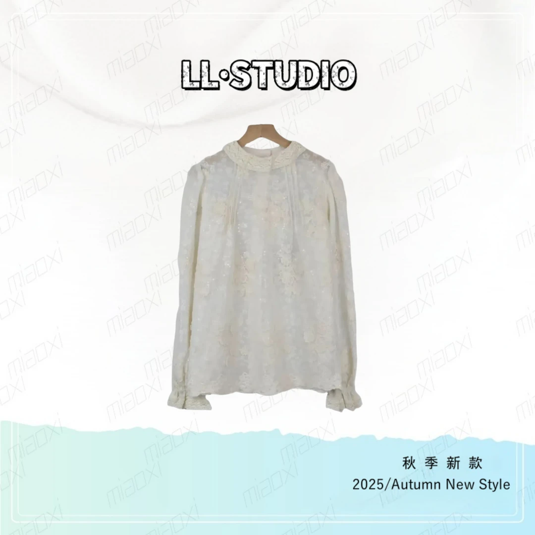 妙兮·LL秋季新款时尚百搭宽松设计款拼接蕾丝刺绣上衣*20252822