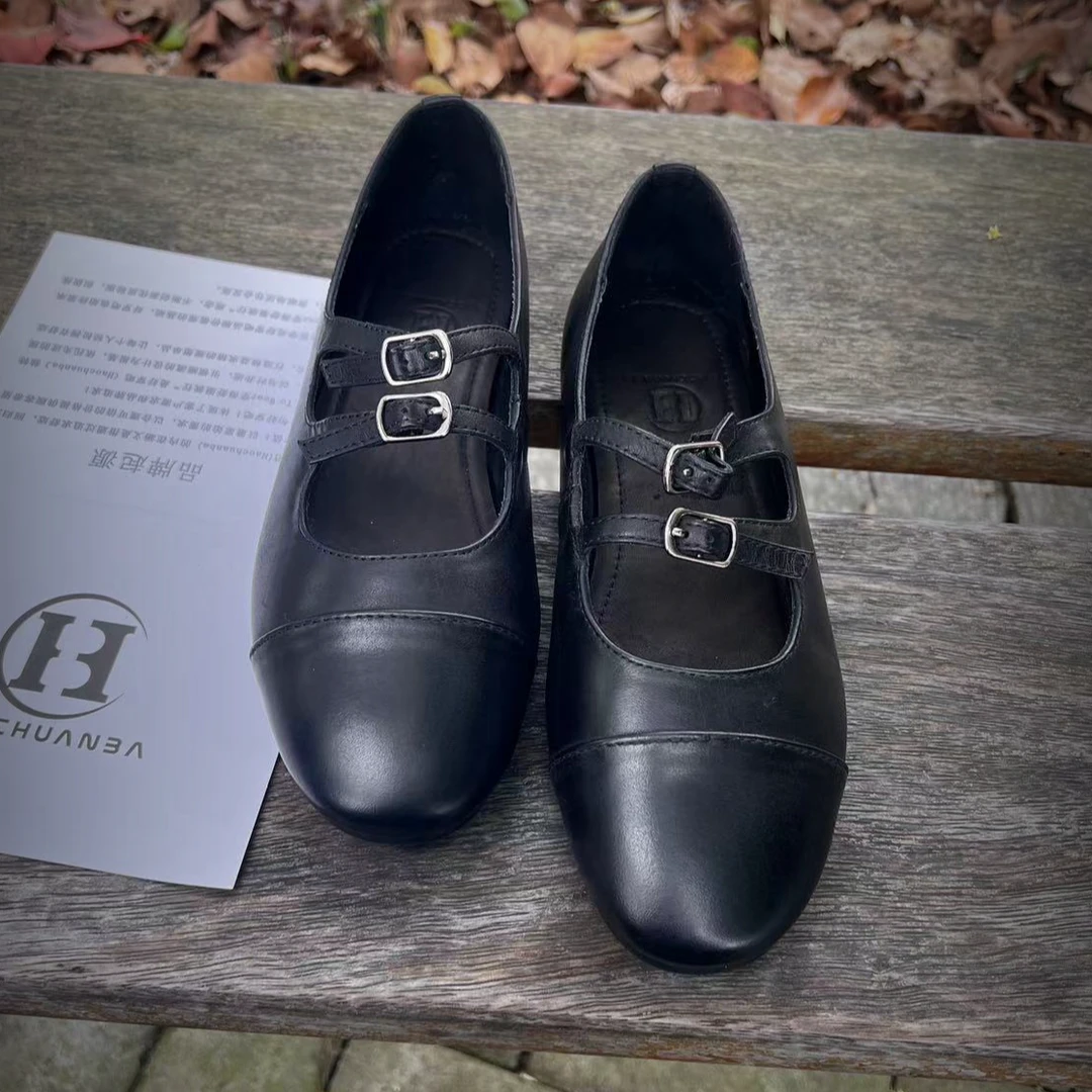 小香风单鞋爆款牛皮银圆头玛丽珍女鞋皮鞋单鞋百搭跳舞鞋低跟浅口