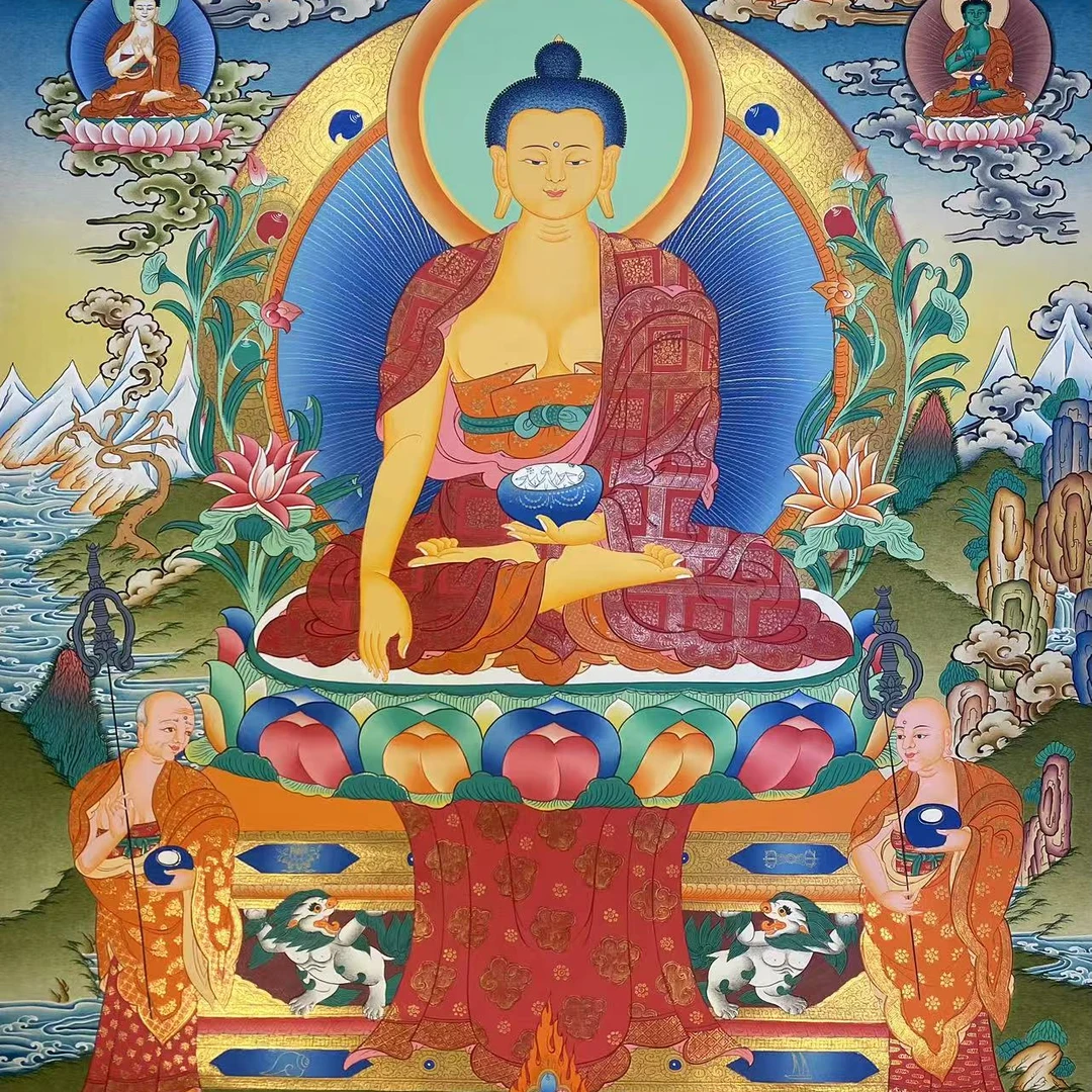 精品纯手绘释迦摩尼阿难迦叶五方佛彩唐卡尺寸75*50挂画观想可用
