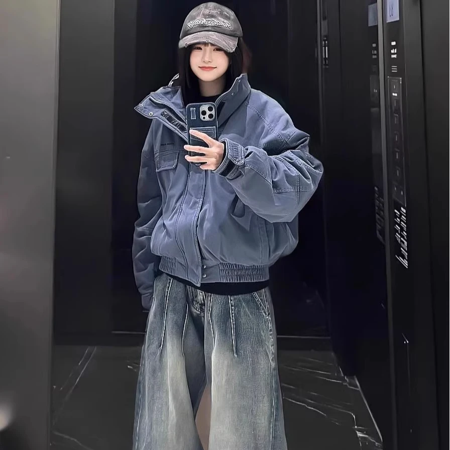 FUYAN芙沿蓝色复古立领工装夹克男女2025年新款美式做旧宽松外套