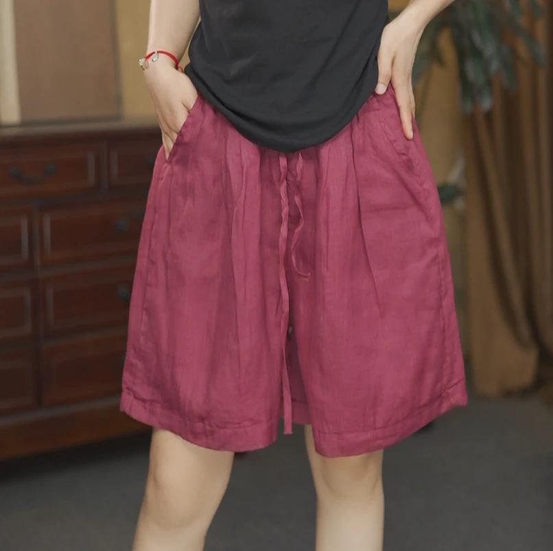【夏布与麻】夏季新款2523苎麻简约休闲带内衬短裤