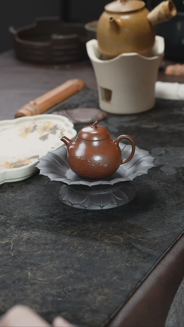 九隐茶器朱泥柴烧泥绘茄瓜壶
