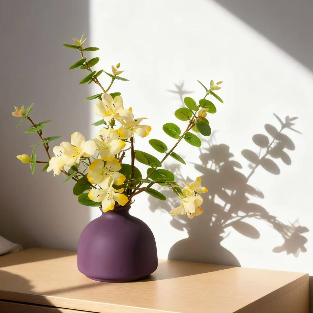 牵牛花浅黄色 带叶子 仿真花 茶几款 假花 餐桌款