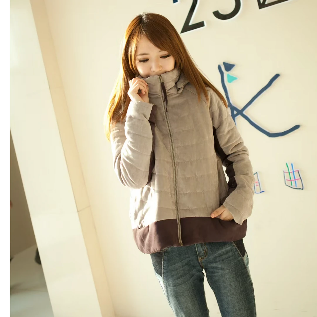 女士灰紫双色棉服百搭时尚休闲防风女款连帽加厚秋冬保暖外套