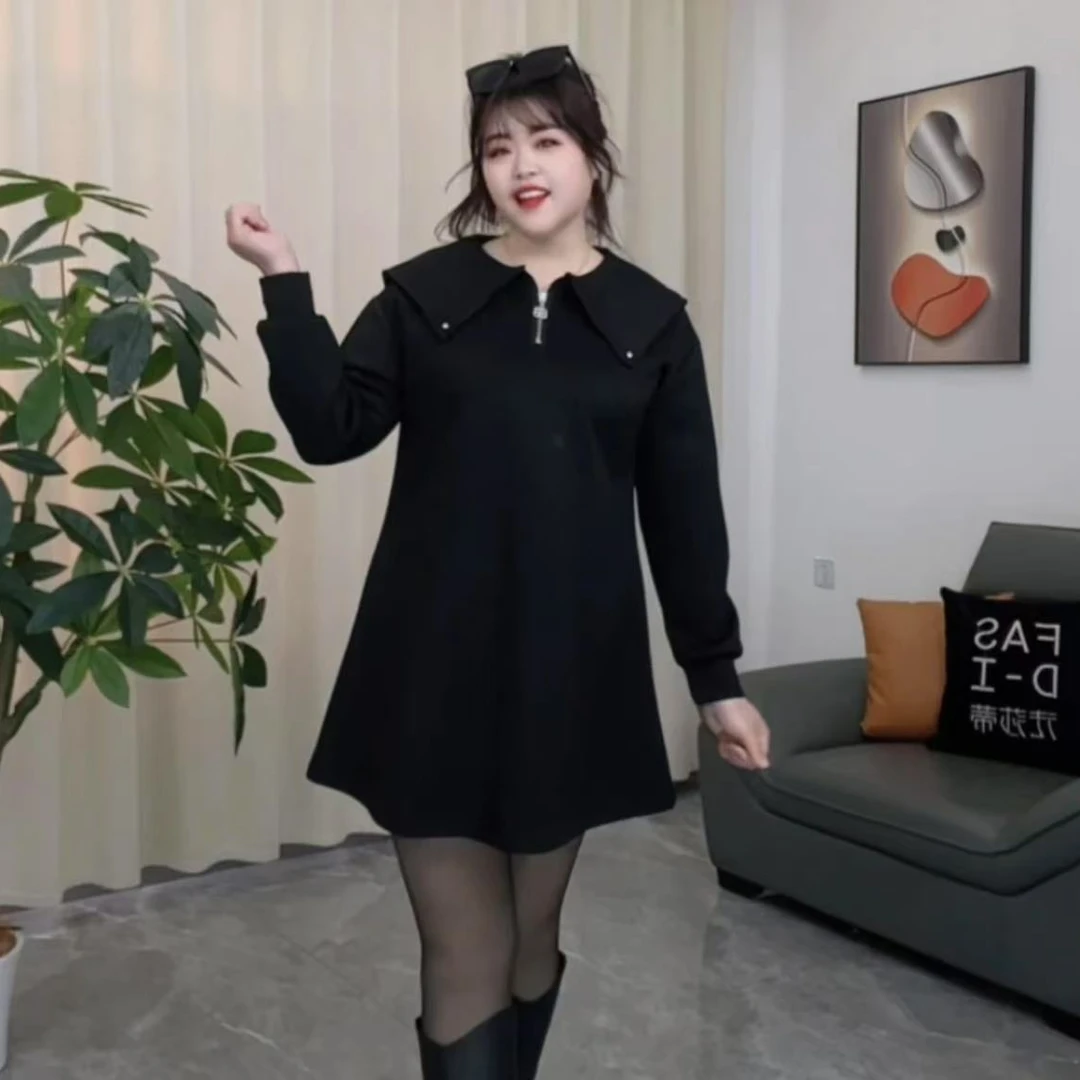 大码娃娃领中长款连衣裙气质长袖时尚休闲百搭减龄韩版宽松