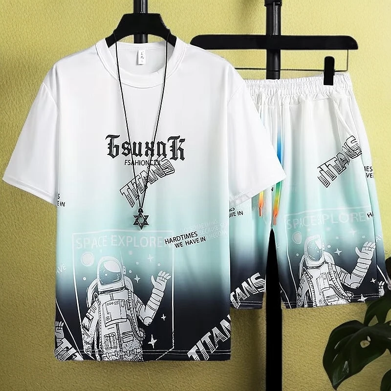 夏季冰丝时尚套装潮流宽松休闲运动潮牌渐变简约短袖短裤一套搭配