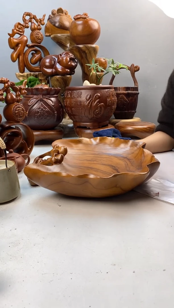 香樟木A61微瑕银杏果盆/尺寸40*36*8