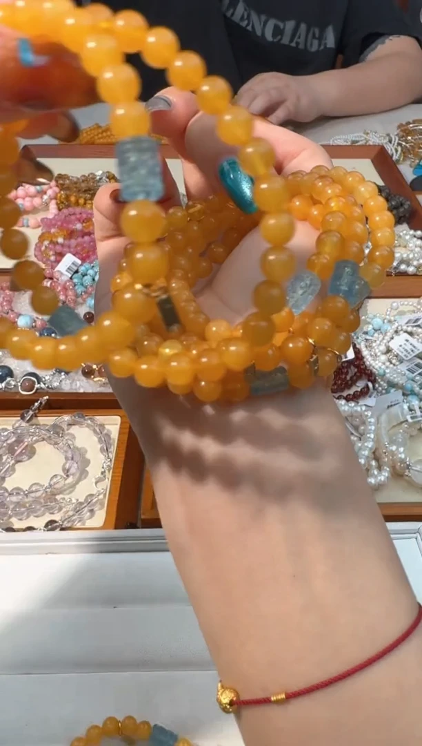 【闪购商品】蜜蜡手链银S925镶嵌A021蜜蜡海蓝回纹桶珠款