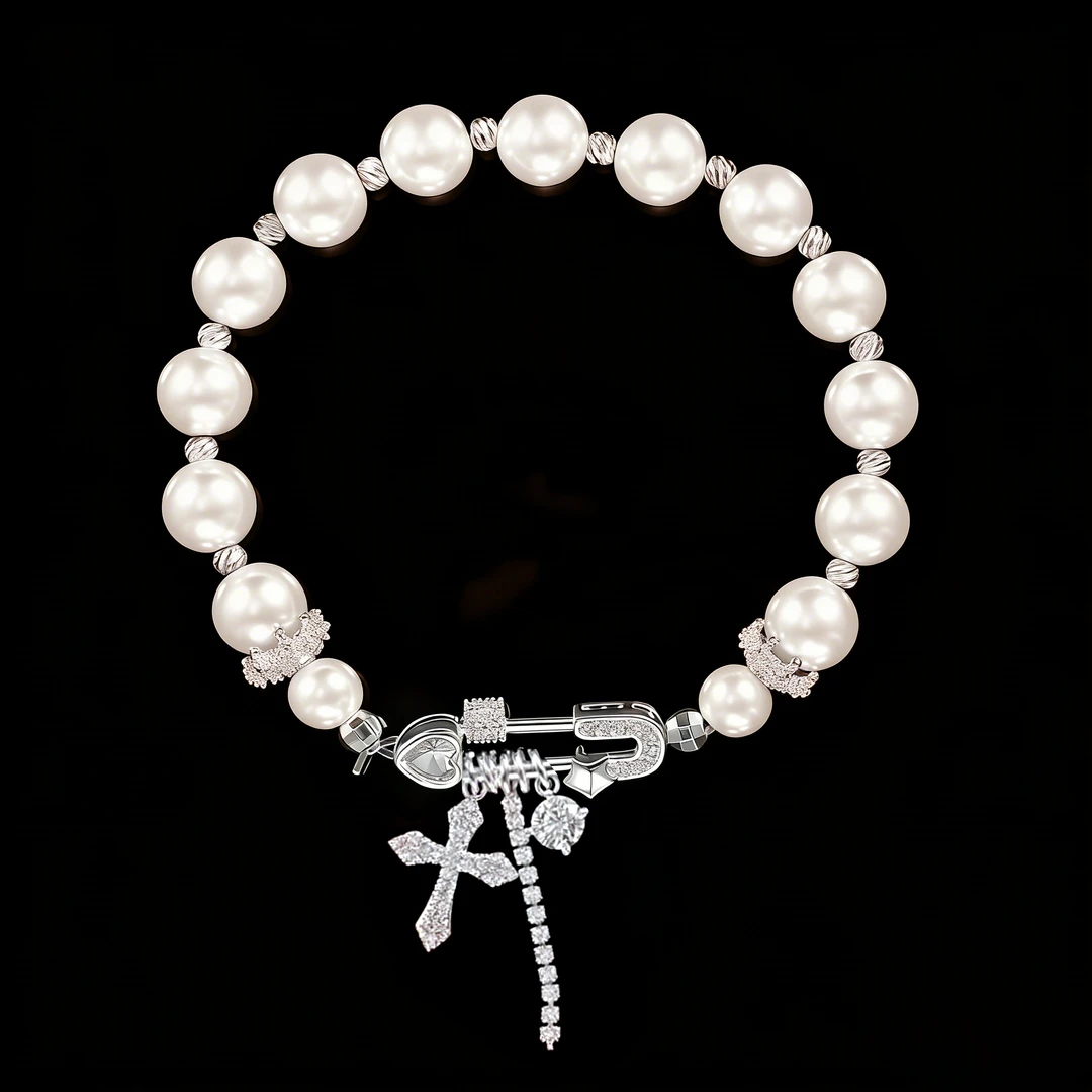 铜合金手链 ——木木（SJ5）微镶十字架弹力绳手链珠珠8毫米