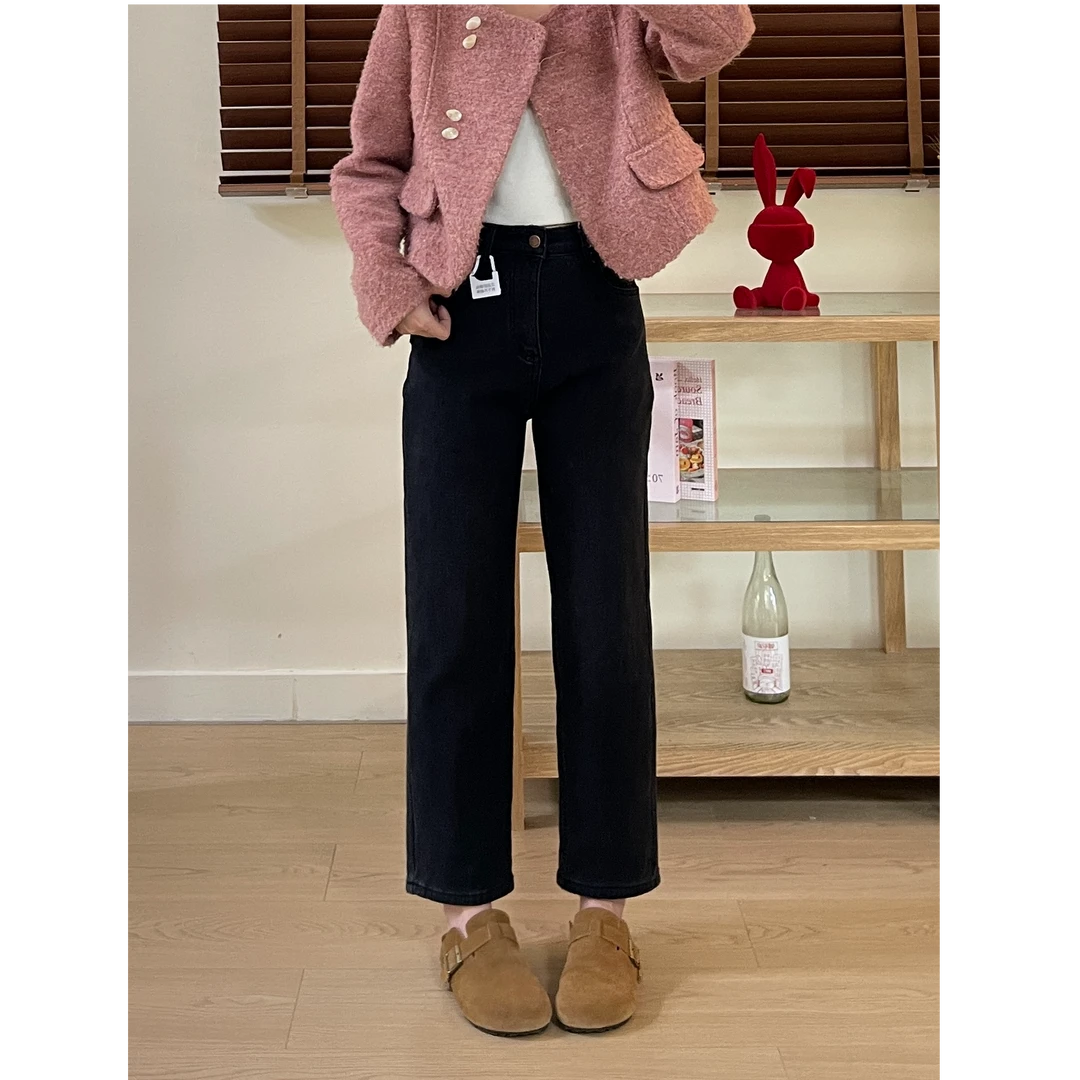 秋冬加绒高腰时尚深色直筒裤加绒加厚显瘦冬季简约风休闲牛仔裤女