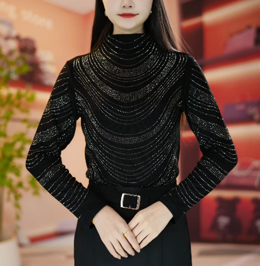 冬季新款烫钻德绒奥绒显瘦洋气时尚百搭长袖女士上衣简约修身小衫