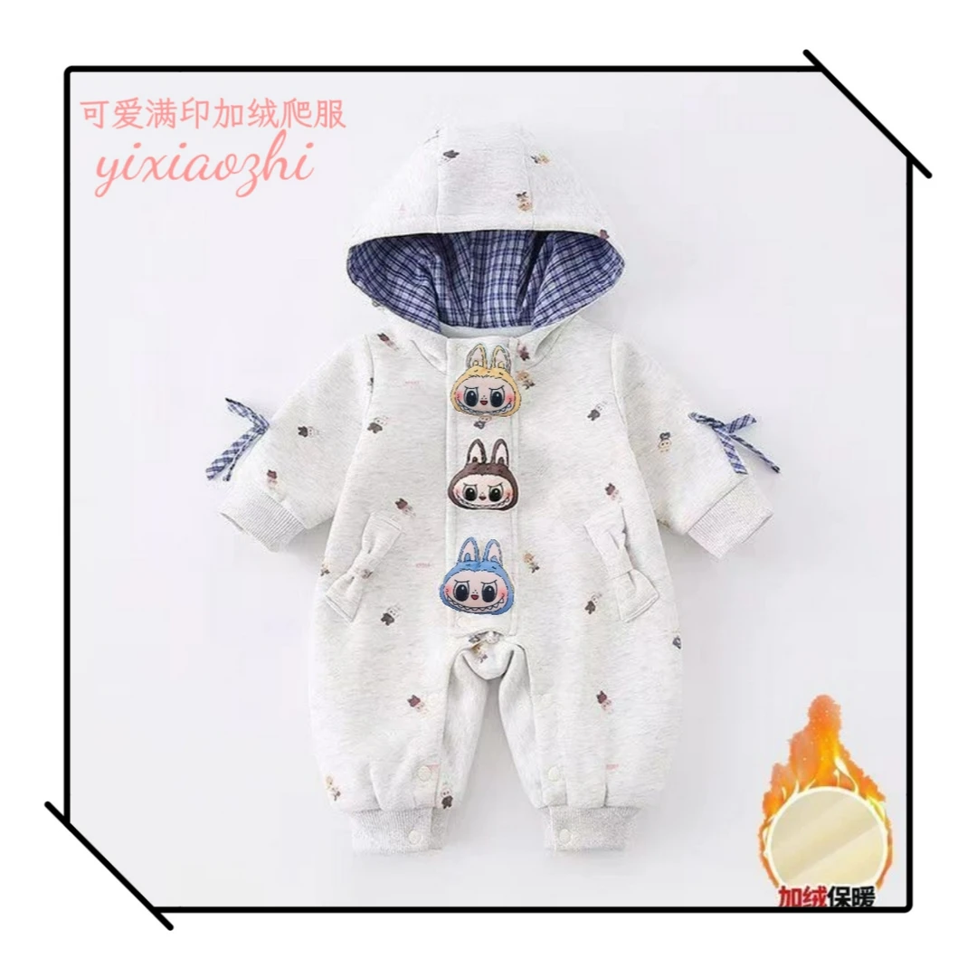 J新款男女宝加绒加厚满印婴幼儿百天 满月超萌可爱连体哈衣Q105