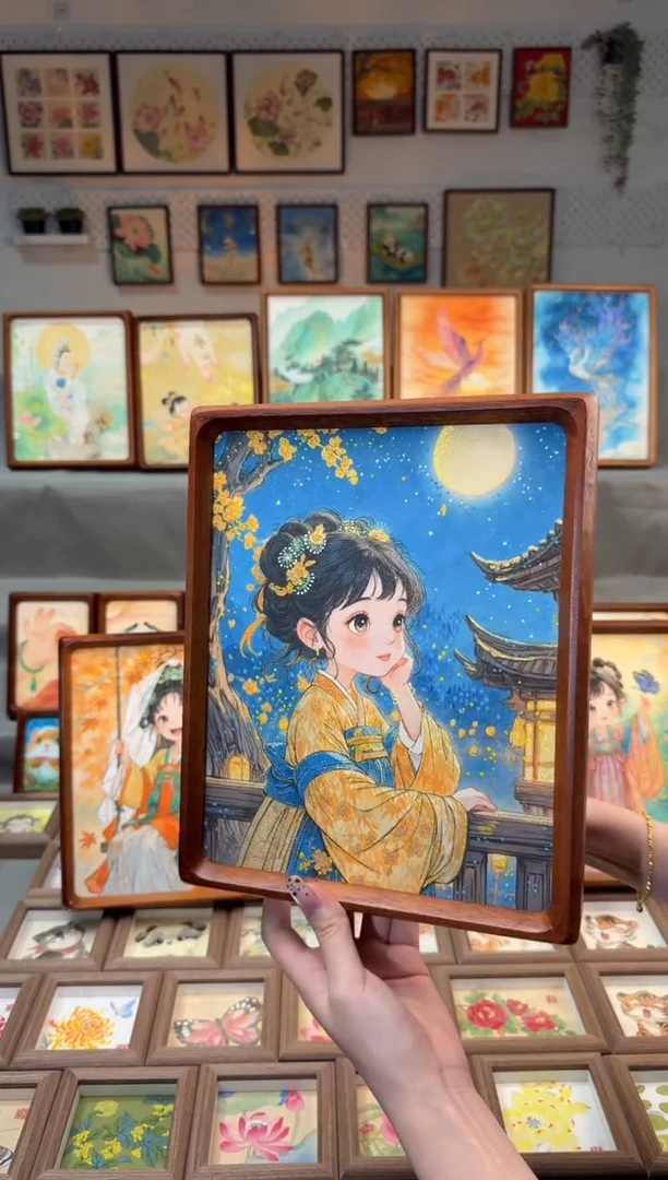 国画银杏叶月亮女孩 手绘国画10