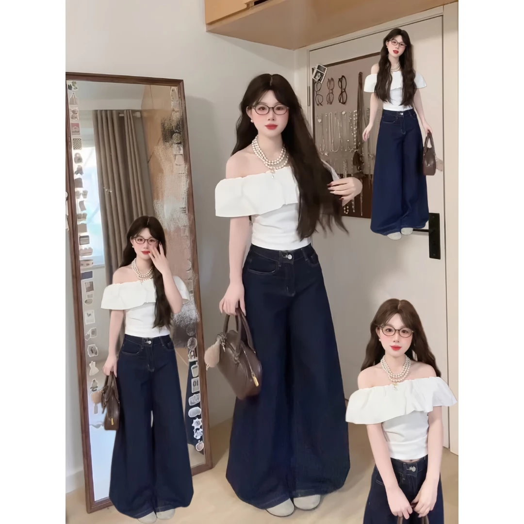 白色一字肩短袖女夏新款绝美花苞领半袖修身显瘦露肩上衣纯欲穿搭