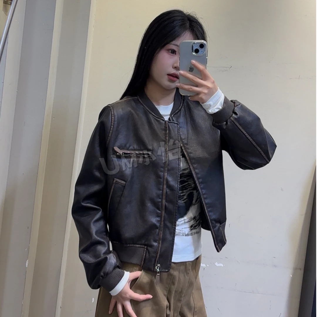 鑫怡定制【早春山纪】春季新款复古小众女设计感古着风皮衣